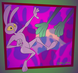 abstract_background anthro butt duo featureless_crotch female glistening glistening_butt green_body green_skin male nude offscreen_character purple_body reaching_out surprised toony yellow_eyes gavanzude glitch_productions the_amazing_digital_circus jax_(tadc) ribbit_(tadc) amphibian frog lagomorph leporid mammal rabbit alternate_version_at_paywall digital_drawing_(artwork) digital_media_(artwork) hi_res signature