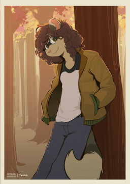 anthro autumn big_tail blue_bottomwear blue_clothing blue_pants border bottomwear brown_hair closed_smile clothed clothing curly_hair detailed_background facial_markings forest_background fully_clothed fur green_clothing green_eyes green_jacket green_topwear grey_body grey_ears grey_fur hair hand_in_pocket head_markings jacket leaning leaning_backward male markings mask_(marking) mouth_closed multicolored_ears multicolored_tail pants pink_inner_ear pink_nose pockets shirt slim_anthro smile snaggle_tooth solo standing tail tan_body tan_border tan_fur text topwear two_tone_ears white_clothing white_sclera white_shirt white_topwear twang claude_(claudeartz) domestic_ferret mammal mustelid musteline true_musteline weasel 2026 artist_name colored digital_drawing_(artwork) digital_media_(artwork) english_text flat_colors hi_res portrait shaded signature three-quarter_portrait