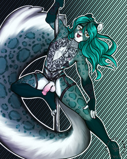 anthro armwear athletic athletic_anthro balls belt circumcised claws clothing dancing femboy flaccid genital_piercing genitals glans green_body green_hair hair humanoid_genitalia humanoid_penis lipstick long_hair long_tail makeup male markings nails nipples penis penis_piercing piercing pole pole_dancing simple_background smile solo spots spotted_body stripper stripper_pole tail teeth tongue topwear kbiscuitcat keanu_engel felid leopard mammal pantherine digital_media_(artwork) source_request