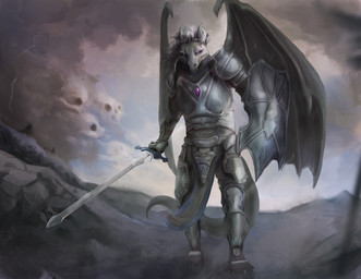 anthro armor blue_eyes clothed clothing cloud dark_clouds gem hair horn looking_at_viewer male melee_weapon membrane_(anatomy) membranous_wings mountain outside plate_armor shield sky solo standing sword tail weapon white_hair wings hotakainen mythology narokh dragon mythological_creature mythological_scalie scalie