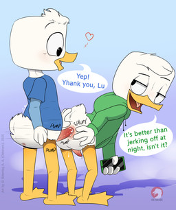 anal anal_penetration anthro anus beak black_eyes bodily_fluids bottomless bottomless_anthro bottomless_male butt butt_grab cellphone clothed clothing cum cum_in_ass cum_inside dialogue duo ejaculation electronics erection feathers genital_fluids genitals green_clothing green_hoodie green_topwear half-closed_eyes hand_on_butt hands-free hoodie hoodie_only male male/male narrowed_eyes open_mouth partially_clothed penetration penis phone raised_tail sex smartphone smile sound_effects standing standing_sex tail tapering_penis text tongue topwear topwear_only white_body white_feathers young young_anthro young_male conditional_dnp osterars disney ducktales ducktales_(2017) dewey_duck louie_duck anatid anseriform avian bird duck 2025 absurd_res english_text hi_res signature watermark