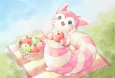 ambiguous_gender apple basket bedding blanket blush container feral food fruit fur grass holding_food holding_object looking_at_viewer markings open_mouth paws plant solo striped_body stripes tail tan_body tan_fur teal_eyes tongue whisker_markings remedy0308 nintendo pokemon furret generation_2_pokemon pokemon_(species) shiny_pokemon 2024 hi_res signature