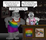 allcaps anthro bar barefoot beer_bottle beer_mug bible_quote black_text blue_eyes bold_text bottle bottomwear bulge clothing container dialog_box duo feet fur greeting italic_text lgbt_pride male multicolored_clothing multicolored_shirt multicolored_topwear muscular muscular_male ollie_(brucebadger) open_mouth pink_clothing pink_shirt pink_tank_top pink_topwear poster pride_colors pride_rainbow print_clothing print_shirt print_tank_top print_topwear purple_bottomwear purple_clothing purple_shorts rainbow_clothing rainbow_flag rainbow_pride_flag rainbow_shirt rainbow_symbol rainbow_topwear shirt shorts smile tank_top teeth_showing text topwear white_body white_fur white_text white_wool wool_(fur) brucebadger ezekiel_calvin pastor_calvin avian bird bovid canid canine canis caprine domestic_dog mammal sheep english_text