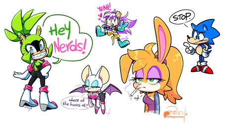 anthro blue_body blue_eyes breasts brown_hair butt cigarette cigarette_in_mouth clothing cybernetics dialogue ear_piercing ear_ring female flying gesture gloves green_body green_eyes group hair hand_gesture handwear looking_at_viewer machine male membrane_(anatomy) membranous_wings object_in_mouth piercing purple_hair ring_piercing simple_background smile text tired v_sign white_background wings vaporotem archie_comics idw_publishing sega sonic_the_hedgehog_(archie) sonic_the_hedgehog_(comics) sonic_the_hedgehog_(idw) sonic_the_hedgehog_(series) bunnie_rabbot mina_mongoose rouge_the_bat sonic_the_hedgehog surge_the_tenrec afrosoricid bat cyborg eulipotyphlan hedgehog herpestid lagomorph leporid mammal mongoose rabbit tenrec digital_media_(artwork) english_text hi_res