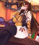 anthro breasts brown_hair casino clothing female fur hair legwear looking_at_viewer markings multi_tail nipple_outline nipple_piercing nipples orange_body orange_fur piercing piercing_outline solo tail thick_thighs thigh_highs juguitonsfw kaori_(oc) canid canine fox mammal 2023 hi_res