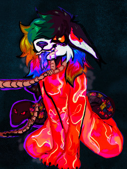 anthro black_hair bodily_fluids drooling female flesh food forked_tongue fur gore hair leash living_tail meat multicolored_hair noose nooseplay orange_eyes purple_body purple_skin rainbow_hair red_eyes saliva snake_tail solo tail tongue unusual_anatomy unusual_tail white_body white_fur starrmutt oil_spill_(starrmutt) ambiguous_species canid canine canis hybrid mammal reptile scalie snake wolf