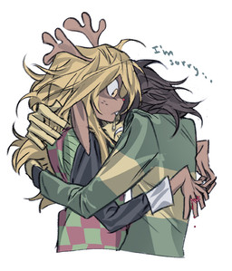 ambiguous_gender anthro antlers blonde_hair bodily_fluids clothing crying duo ears_down female freckles frown hair horn hug pivoted_ears sad snowgrave sweater sweater_vest tears thorn_ring topwear vest honmshi deltarune undertale_(series) kris_(deltarune) noelle_holiday deer human mammal new_world_deer reindeer