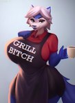 anthro apron big_breasts blue_body blue_fur breasts clothed clothing female fur grey_eyes hair holding_coffee_mug looking_at_viewer shirt simple_background solo text topwear white_hair aozee darbo canid canine canis domestic_dog husky mammal nordic_sled_dog spitz 2023 english_text hi_res