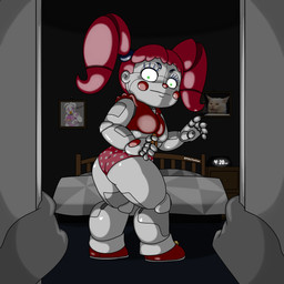 bed bedroom big_breasts big_butt blush bottomwear breasts butt butt_focus clock closet clothed clothing clown crop_top disembodied_hand eyebrows female fingers first_person_view footwear furniture green_eyes hair lips looking_at_viewer looking_back machine not_furry panties picture_frame pigtails polka_dot_panties polka_dots rear_view red_cheeks red_clothing red_footwear red_hair red_shoes shirt shoes slightly_chubby slightly_chubby_female solo surprised thick_bottom_lip thick_eyebrows thick_thighs topwear underwear white_body wide_hips pillothestar five_nights_at_freddy's freddy_fazbear's_pizzeria_simulator scottgames sister_location anon circus_baby_(fnaf) funtime_chica_(fnaf) animatronic felid feline humanoid mammal robot robot_humanoid 1:1 2019 absurd_res digital_media_(artwork) hi_res meme model_sheet picture_in_picture