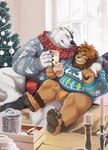 anthro arm_around_shoulders barazoku barefoot beverage bulge christmas_clothing christmas_sweater christmas_topwear christmas_tree clothed clothing cuddling detailed_background duo eggnog eye_patch eyewear feet feet_up holding_beverage holding_object holidays inside kemono larger_male looking_at_another male male/male overweight overweight_male pantsless plant romantic romantic_couple scarf sitting size_difference smaller_male sweater topwear tree underwear st.boogie christmas epic_games fortnite polar_patroller ross_(rossciaco) bear felid lion mammal pantherine polar_bear ursine 2022 hi_res