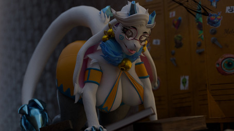 2_horns accident all_fours anthro big_breasts blue_claws blue_horn blue_tuft book breasts claws clothing dress dropped dutch_angle eyewear fangs female floppy_ears glasses grey_eyes hair halo horn inside locker locker_room long_hair looking_at_viewer neck_tuft open_mouth open_smile round_glasses smile smiling_at_viewer solo sticker tail tail_tuft teeth tuft wearing_glasses white_body yellow_clothing yellow_dress mrs_dexie norkanimations_(modeler) atlyss angela_flux bovid caprine kubold_(atlyss) mammal 3d_(artwork) absurd_res digital_media_(artwork) hi_res