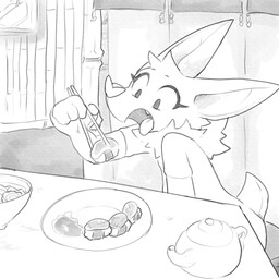 4_fingers anthro chopsticks clothing eating eating_food fingers food inside looking_at_object male neck_tuft noodles open_mouth ramen restaurant shirt sitting small_tail solo sushi tail teapot tongue tongue_out topwear tuft jetainga bat mammal 1:1 absurd_res black_and_white hi_res monochrome