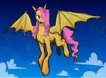 bent_legs black_eyes blue_sky cloud day female feral flying fur hooves long_mane looking_aside mane mane_over_eye membrane_(anatomy) membranous_wings outside pink_mane pink_tail quadruped sky solo tail unguligrade wings yellow_body yellow_fur yellow_hooves yellow_wings flockdog friendship_is_magic hasbro my_little_pony flutterbat_(mlp) fluttershy_(mlp) bat_pony equid mammal 2022 colored digital_drawing_(artwork) digital_media_(artwork) shaded