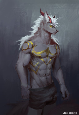 anthro black_nose bulge cheek_tuft clothed clothing detailed_bulge facial_tuft fur genital_outline grey_body grey_ears grey_fur hair horn inner_ear_fluff looking_at_viewer male markings mouth_closed muscular muscular_anthro muscular_male navel neck_tuft penis_outline red_horn short_hair simple_background solo three-quarter_view topless tuft unsigned white_hair white_inner_ear_fluff yellow_eyes yellow_markings awaldkize canid mammal absurd_res hi_res portrait three-quarter_portrait