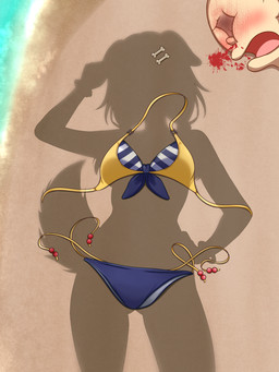accessory armband beach bikini blood blue_bikini_bottom blush bodily_fluids braided_hair clothing face_punch face_smashed_in female fluffy fluffy_tail hair hair_accessory hairpin offscreen_character offscreen_female open_mouth photo pose sand shadow swimwear tail two-piece_swimsuit unconscious water yellow_bikini yellow_clothing yellow_swimwear kamineko9675 hololive vtuber inugami_korone canid canine humanoid mammal 2025 3:4 hi_res