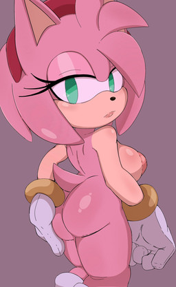 accessory anthro big_breasts bracelet breasts butt clothing female gloves green_eyes hair_accessory hairband handwear jewelry looking_at_viewer looking_back narrowed_eyes nipples pink_body puffy_nipples solo gatako_art sega sonic_the_hedgehog_(series) amy_rose eulipotyphlan hedgehog mammal hi_res