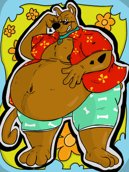 aloha_shirt anthro belly belly_hair big_belly black_nose body_hair bottomwear brown_body brown_fur clothed clothing collar eyewear fur male navel open_clothing open_shirt open_topwear overweight overweight_male pattern_clothing pattern_shirt pattern_topwear shirt shorts solo sunglasses tail topwear foxyvalentines hanna-barbera scooby-doo_(series) scooby-doo canid canine canis domestic_dog great_dane mammal mastiff molosser 3:4 hi_res