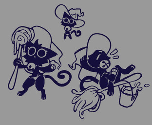 ambiguous_gender anthro bell bell_collar big_eyes big_hat black_body black_fur bucket cleaning_tool clothed clothing collar container fur hat headgear headwear mop solo underwear underwear_only witch_hat thatguynamedjoe fan_character domestic_cat felid feline felis mammal adobe_photoshop_(artwork) black_and_white digital_media_(artwork) monochrome multiple_images