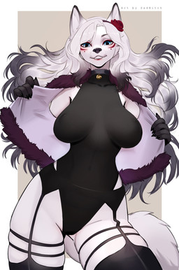 anthro blue_eyes clothing female fur garter_belt garter_straps hair legwear long_hair makeup smile solo stockings white_body white_fur wide_hips conditional_dnp sadbitch canid canine fox mammal hi_res