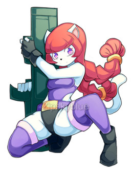 anthro clothing female footwear fur hair kneeling red_hair solo tail weapon white_body white_fur zipskyblue kyoko_(zipskyblue) felid feline mammal hi_res