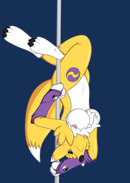 anthro areola armwear black_sclera breasts clothing countershading dancing exposed_breasts female looking_at_viewer nipples pole pole_dancing solo upside_down midnight_meowth bandai_namco digimon canid canine digimon_(species) mammal renamon absurd_res alpha_channel hi_res
