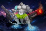 abs anthro barazoku biceps big_bulge big_muscles blue_eyes bulge claws clothing detailed_background detailed_bulge digitigrade dominant flamethrower front_view gatling_gun grey_body grin gun holding_gun holding_object holding_ranged_weapon holding_weapon huge_muscles hyper hyper_muscles machine_gun macro male multicolored_body muscular muscular_anthro muscular_male paws pecs planet_destruction ranged_weapon smile solo standing tail teeth two_tone_body two_tone_tail underwear weapon white_body croconut kardukk saturnawolf mythology kardukk_(character) dragon kobold mythological_creature mythological_scalie reptile scalie digital_media_(artwork) hi_res