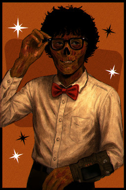 abstract_background alternative_fashion black_hair bow_tie clothed clothing collared_shirt eyewear glasses googie_aesthetic hair hand_holding male missing_nose necrosis not_furry pip-boy punk red_bow_tie shirt simple_background smile solo standing star_motif topwear wearing_glasses white_clothing white_shirt white_topwear nuclearconsole fallout microsoft silvio_rivera_(nuclearconsole) ghoul_(fallout) humanoid english_description hi_res