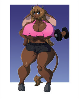 big_breasts bottomwear breasts cleavage clothed clothing dumbbell exercise female hand_on_hip huge_breasts shorts solo weightlifting weights wide_hips workout spiralingstaircase animal_humanoid bovid bovid_humanoid bovine bovine_humanoid humanoid mammal mammal_humanoid 2020 4:5 digital_media_(artwork) hi_res