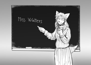 aged_up anthro bottomwear chalkboard clothing eyes_closed eyewear female glasses hair long_skirt mature_anthro mature_female messy_hair skirt smile solo sweater teacher text topwear hladilnik carol_(hladilnik) canid canine canis domestic_dog mammal 2025 black_and_white english_text hi_res monochrome