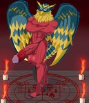 anthro beak big_penis biped feathered_wings feathers genitals huge_penis hyper hyper_genitalia hyper_penis male occult_symbol penis red_body sigil solo standing symbol wings rougetenjoname ars_goetia atlus megami_tensei sega andras avian bird demon owl 2021 hi_res