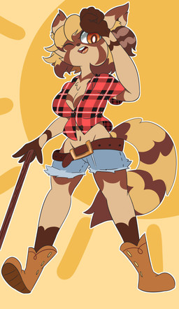 anthro belt biped black_outline boots bottomwear breast_markings breasts brown_body brown_boots brown_clothing brown_footwear brown_markings cane cleavage clothed clothing denim denim_bottomwear denim_clothing denim_shorts female footwear front_view gloves_(marking) markings one_eye_closed open_mouth orange_background orange_eyes outer_highlight outline pattern_clothing pattern_topwear plaid plaid_clothing plaid_topwear ring_(marking) ringed_tail shoes shorts simple_background solo standing striped_markings striped_tail stripes sun tail tail_markings tight_clothing tight_topwear topwear v-cut white_outline narwhal69 pancake_the_raccoon mammal procyonid raccoon absurd_res brown_theme digital_media_(artwork) full-length_portrait hi_res portrait
