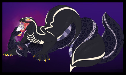 apode black_body black_border border container cup duo entwined_tails eyes_closed fangs forked_tongue gradient_background hand_holding happy happy_sex holding_container holding_cup holding_object legless lying male male/male markings nude_male obscured_penetration obscured_sex on_back on_front purple_background serpentine sex simple_background split_form spots spotted_body tail tail_coil teeth thick_tail tongue tongue_out venom venom_milking white_body kindreddemon draconcopode felid hybrid lamia mammal naga pantherine reptile scalie snake hi_res