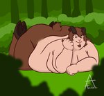 2_horns anthro arm_support belly belly_squish big_belly big_breasts big_butt breast_squish breasts brown_body brown_fur brown_skin butt curled_horn facial_hair forest fur goatee green_eyes hair hooves horn huge_belly huge_breasts huge_butt huge_hips huge_thighs humanoid_hands kicking_legs leaning_on_elbow lovehandles lying male moobs nude obese obese_anthro obese_male on_front overweight overweight_anthro overweight_male plant simple_background smile solo squish tail tan_body tan_skin thick_thighs tree tuft wide_hips arkaneanarchist_(artist) bovid caprine goat mammal satyr 2024 colored detailed digital_drawing_(artwork) digital_media_(artwork) flat_colors hi_res