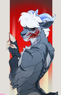 2_horns anthro black_sclera blood blood_on_face blood_on_hand blue_body blue_fur blue_horn bodily_fluids butt chest_tuft cloven_hooves fingers fur gore grey_body grey_fur grin hair hooves horn looking_at_viewer male male_anthro markings multicolored_body muscular muscular_anthro muscular_male nude red_eyes simple_background smile solo striped_body stripes tail teeth tuft white_body white_fur white_hair milajanh bovid caprine caprine_demon demon goat goat_demon mammal 2026 absurd_res digital_media_(artwork) half-length_portrait hi_res portrait
