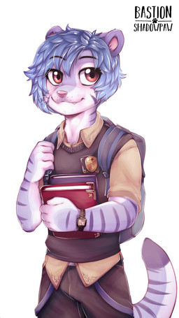 anthro backpack badge blue_hair book bottomwear clothing cute_fangs fangs fur hair holding_book holding_object male multicolored_body multicolored_fur pants pink_nose purple_body purple_fur red_eyes school_uniform shirt simple_background smile solo stripes tail teeth topwear translucent translucent_hair two_tone_body two_tone_fur uniform whiskers white_background white_body white_fur krechevskoy raineshadowpaw krech felid feline hybrid mammal pantherine tiger 9:16 absurd_res hi_res nonbinary_(lore)