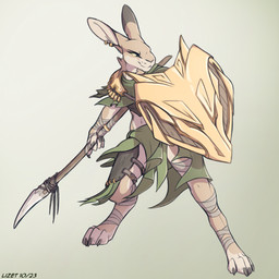 action_pose anthro biped claws clothed clothing digitigrade dipstick_ears ear_markings ear_piercing grey_background holding_object holding_weapon looking_aside male melee_weapon multicolored_ears piercing polearm pose shield simple_background solo spear standing text three-quarter_view toe_claws weapon lizet rust_(lizet) hare lagomorph leporid mammal 1:1 2023 artist_name dated digital_media_(artwork) full-length_portrait portrait restricted_palette shaded simple_shading