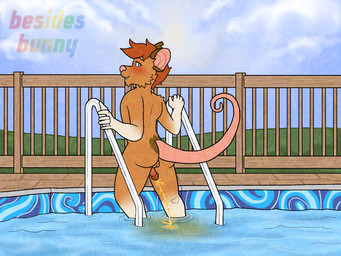 anthro blue_eyes bodily_fluids brown_body brown_fur brown_markings butt cloud fur genital_fluids hair looking_back male markings notched_ear nude orange_body orange_fur orange_hair outdoor_nudity outside peeing peeing_in_pool raised_tail rear_view solo standing swimming_pool tail urine watersports white_body white_fur white_markings besidesbunny timothy_(zer0rebel4) american_opossum mammal marsupial 2025 4:3 digital_drawing_(artwork) digital_media_(artwork) flat_colors