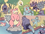 ambiguous_gender anthro dark_ishihara fakemon feral generation_1_pokemon group humanoid humor kemono light_bulb machoke machop mammal marine nintendo open_mouth pink_body pokemon pokemon_(species) shellder shellder_(slowbro) slowbro slowpoke smile water