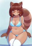 anthro bangs biped blue_background blue_bra blue_clothing blue_panties blue_underwear blunt_bangs bra breasts brown_body brown_fur brown_hair cleavage clothed clothing eyebrow_through_hair eyebrows female fur hair hair_tubes kemono legwear looking_at_viewer medium_breasts multicolored_body multicolored_fur navel orange_eyes panties pupils short_hair simple_background sitting slightly_chubby smile solo tail thigh_highs translucent translucent_hair underwear white_clothing white_legwear white_pupils white_thigh_highs unousaya tsukareta-inu_no_anime canid canine mammal raccoon_dog tanuki