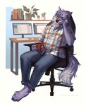 anthro blue_eyes clothed clothing container cup electronics fur hair holding_container holding_cup holding_mug holding_object male monitor mouth_closed mug narrowed_eyes plant plant_pot potted_plant purple_body purple_fur purple_hair short_hair sitting slightly_chubby slightly_chubby_anthro slightly_chubby_male solo marie_merkh canid mammal absurd_res hi_res