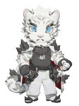 anthro arm_scar black_clothing black_shirt black_topwear blue_eyes bottomwear chibi claws clothing eye_scar facial_scar fingerless_gloves fur gloves handwear looking_at_viewer male multiple_scars pants scar shirt simple_background sleeveless_shirt solo stripes tail topwear white_background white_body white_bottomwear white_clothing white_fur white_pants l0sskim arknights hypergryph studio_montagne mountain_(arknights) felid mammal pantherine tiger hi_res