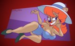 abstract_background anthro big_breasts breasts brown_body brown_fur cleavage clothed clothing ear_piercing ear_ring female footwear fur gesture glistening glistening_body glistening_breasts hair half-closed_eyes hat headgear headwear high_heels lipstick lying makeup narrowed_eyes on_side one-piece_swimsuit orange_hair piercing ring_piercing shoes smug solo swimwear waving gavanzude tiny_toon_adventures warner_brothers julie_bruin bear mammal alternate_version_at_paywall digital_drawing_(artwork) digital_media_(artwork) hi_res signature