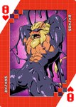 abs anthro blindfold blonde_hair blush bulge card digimoji ear_piercing ear_ring eight_of_hearts hair male muscular muscular_anthro muscular_male nipples pecs piercing playing_card ring_piercing slime solo suit_symbol roaringmoon bandai_namco digimon digimon_(species) goo_creature leomon hi_res