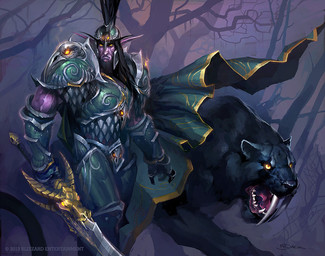 ambiguous_gender armor beard black_body black_fur duo facial_hair feral forest fur green_armor headgear helmet holding_melee_weapon holding_object holding_sword holding_weapon male melee_weapon outside pauldron plant sword tail tree weapon luke_mancini blizzard_entertainment warcraft world_of_warcraft_trading_card_game elf felid humanoid mammal night_elf 2012 official_art