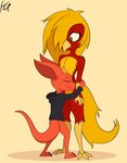 ambiguous_gender anthro beak black_clothing black_hoodie black_topwear clothing feathers hair hoodie hug long_hair long_tail red_body red_feathers tail topwear yellow_beak yellow_body yellow_feathers fatal_gold glori_gamebird relic_(character) avian bird chrysolophus galliform golden_pheasant kobold phasianid scalie hi_res