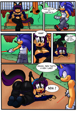 all_fours animal_instincts anthro butt butt_focus camel_toe clothed clothing cross cross_necklace dialogue duo female jewelry male necklace text escopeto superbunnygt sega sonic_the_hedgehog_(series) sonic_the_hedgehog domestic_cat eulipotyphlan felid feline felis hedgehog mammal absurd_res comic digital_media_(artwork) english_text hi_res