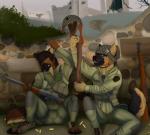 anthro armor bullet_casing clothed clothing duo ear_piercing explosives grenade gun headgear helmet military piercing ranged_weapon rifle sitting soldier uniform warrior weapon homogenousrule leon_schafer riff_(riff34) canid canine canis domestic_dog german_shepherd herding_dog mammal pastoral_dog absurd_res hi_res