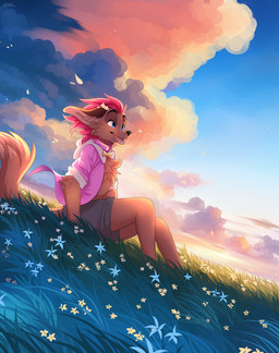 anthro clothing cloud cloudy_sky collar male meadow shirt sky solo t-shirt topwear kidaoriginal john_(anatolyfox) canid canine fennec_fox fox mammal true_fox absurd_res hi_res