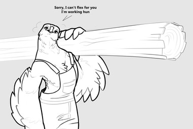 anthro beak biped clothed clothing dialogue feathered_arms feathers female holding_object log looking_at_viewer overalls solo talking_to_viewer text wood cloven-jitsu accipitrid accipitriform avian bird eagle english_text monochrome