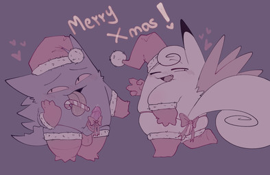 balls bikini biped bipedal_feral blush bodily_fluids bow_ribbon butt candy candy_cane christmas_clothing christmas_headwear clothed clothing dessert duo erection female feral food genital_fluids genitals hat headgear headwear heart_symbol holidays humanoid_genitalia humanoid_penis legwear looking_back male open_mouth penis pink_body purple_body santa_hat simple_background skimpy stockings string_bikini swimwear tail teasing teasing_viewer text tongue two-piece_swimsuit vulva wings ariarik_o0 christmas nintendo pokemon clefable generation_1_pokemon gengar pokemon_(species) digital_media_(artwork) english_text hi_res